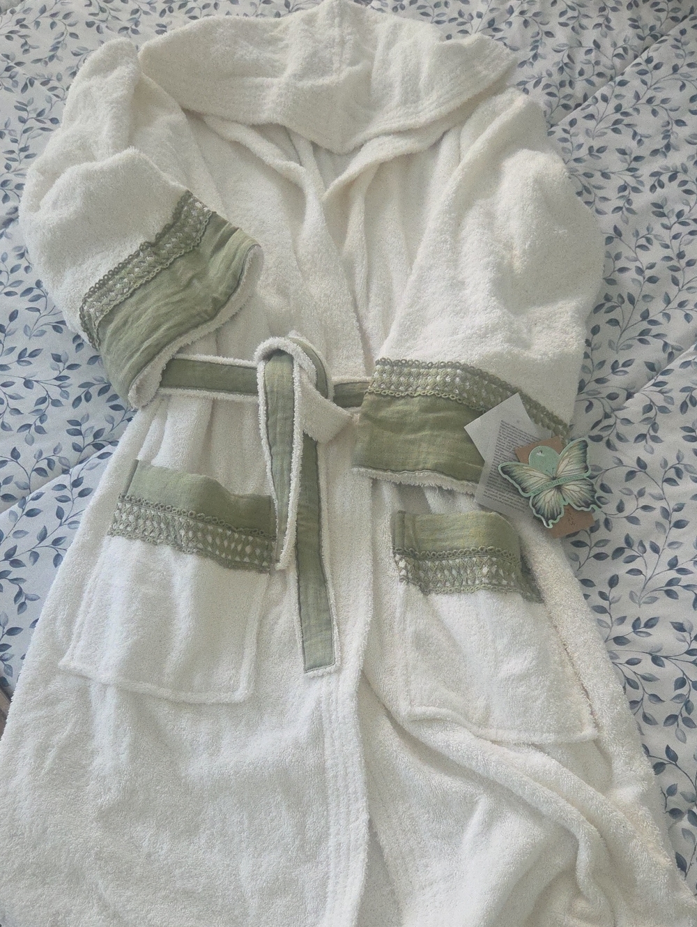 Petracci 1968 White Hooded Terry Robe with Sage Trim